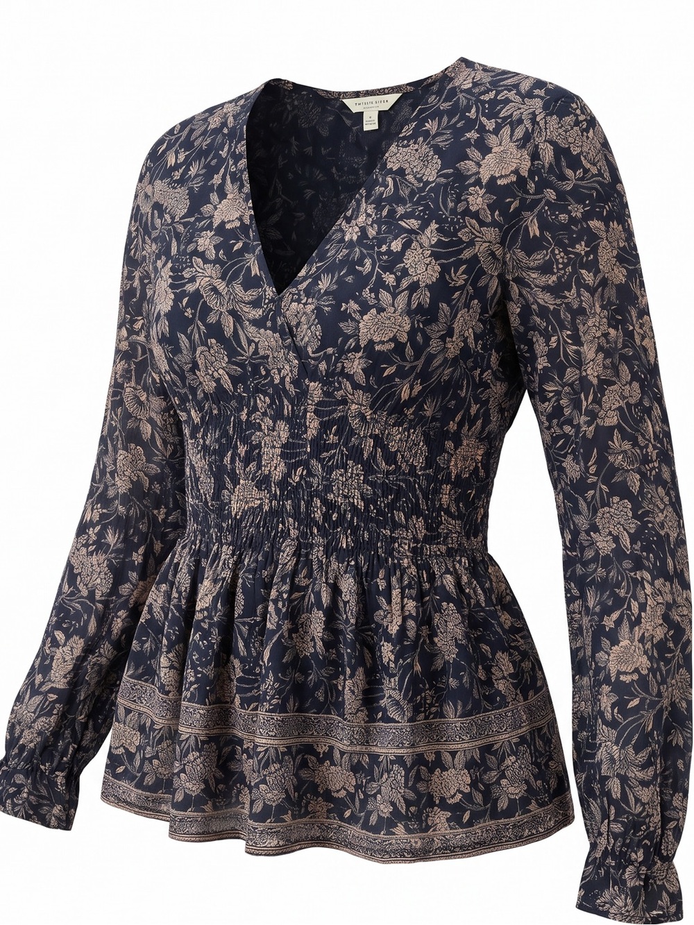 Lucky Brand🌟Navy Floral V-Neck Smocked Peplum Blouse🌟SZ M🌟Bohemian Chic🌟